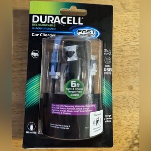 Duracell fast charging car charger, dual USB ports with charging cord